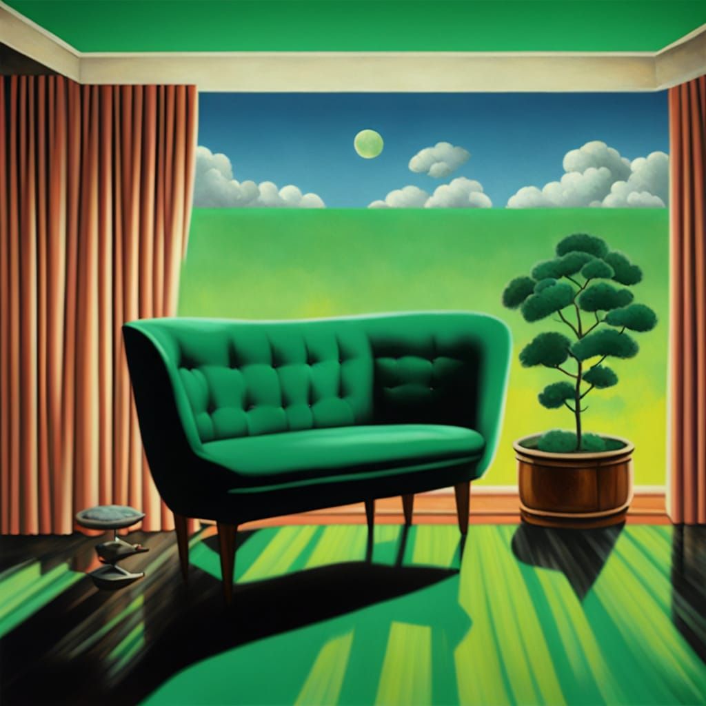 Surrealist Scene with Neon Landscape and Emerald Plane