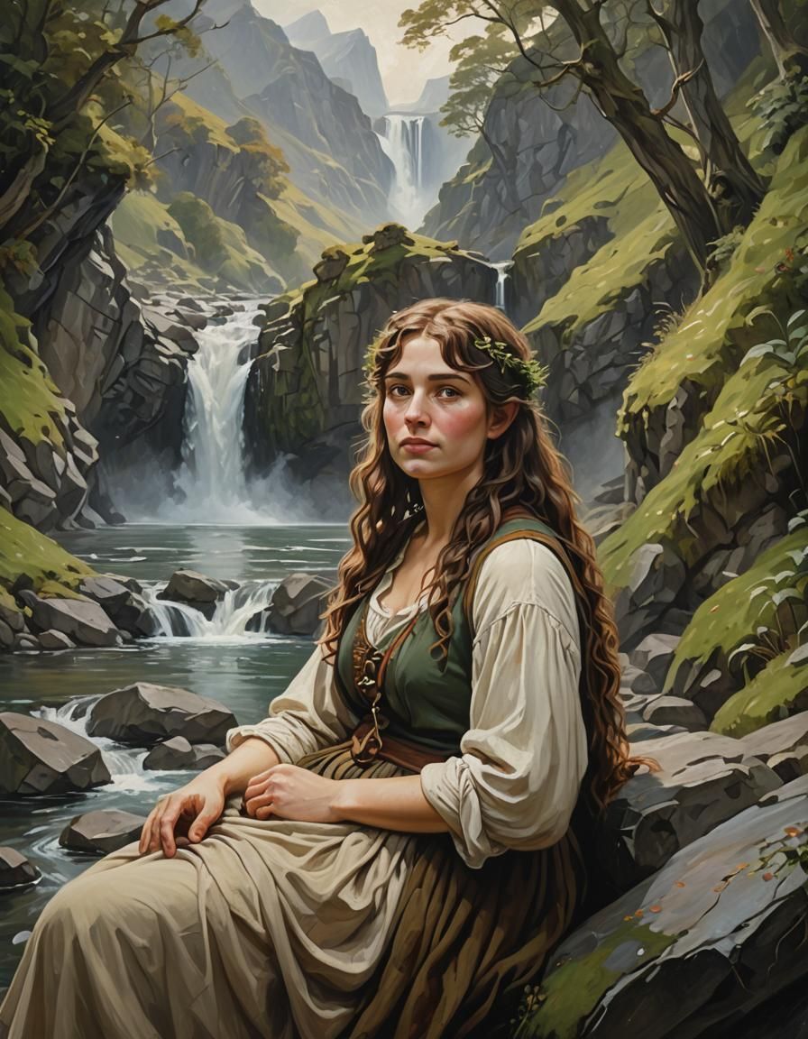 A Beautiful Curvy young Hobbit woman Resting by a waterfall,...