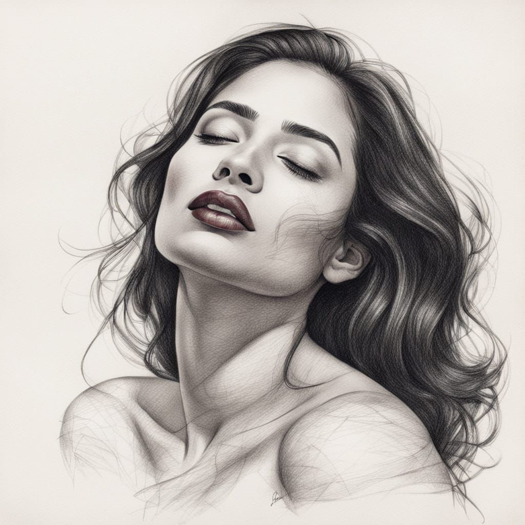 Latina Woman Portrait in Charcoal Pencil Sketch