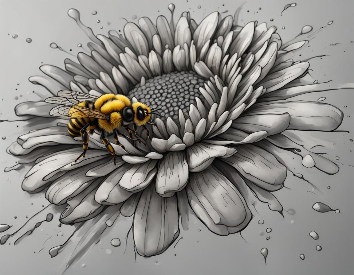 Bee and Daisy: Hyperrealistic Ink Drawing