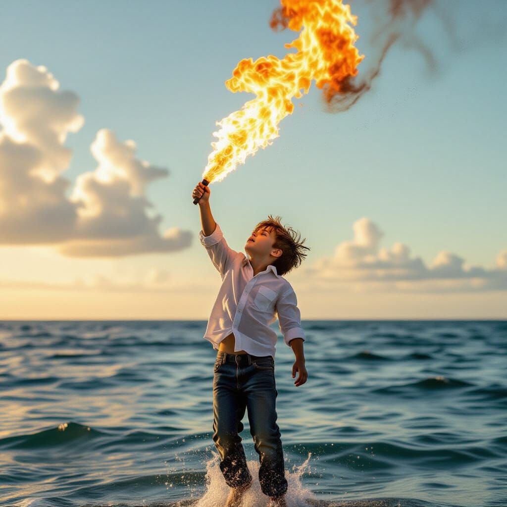Boy Conjures Fire Pillar Over Ocean, Cinematic Style