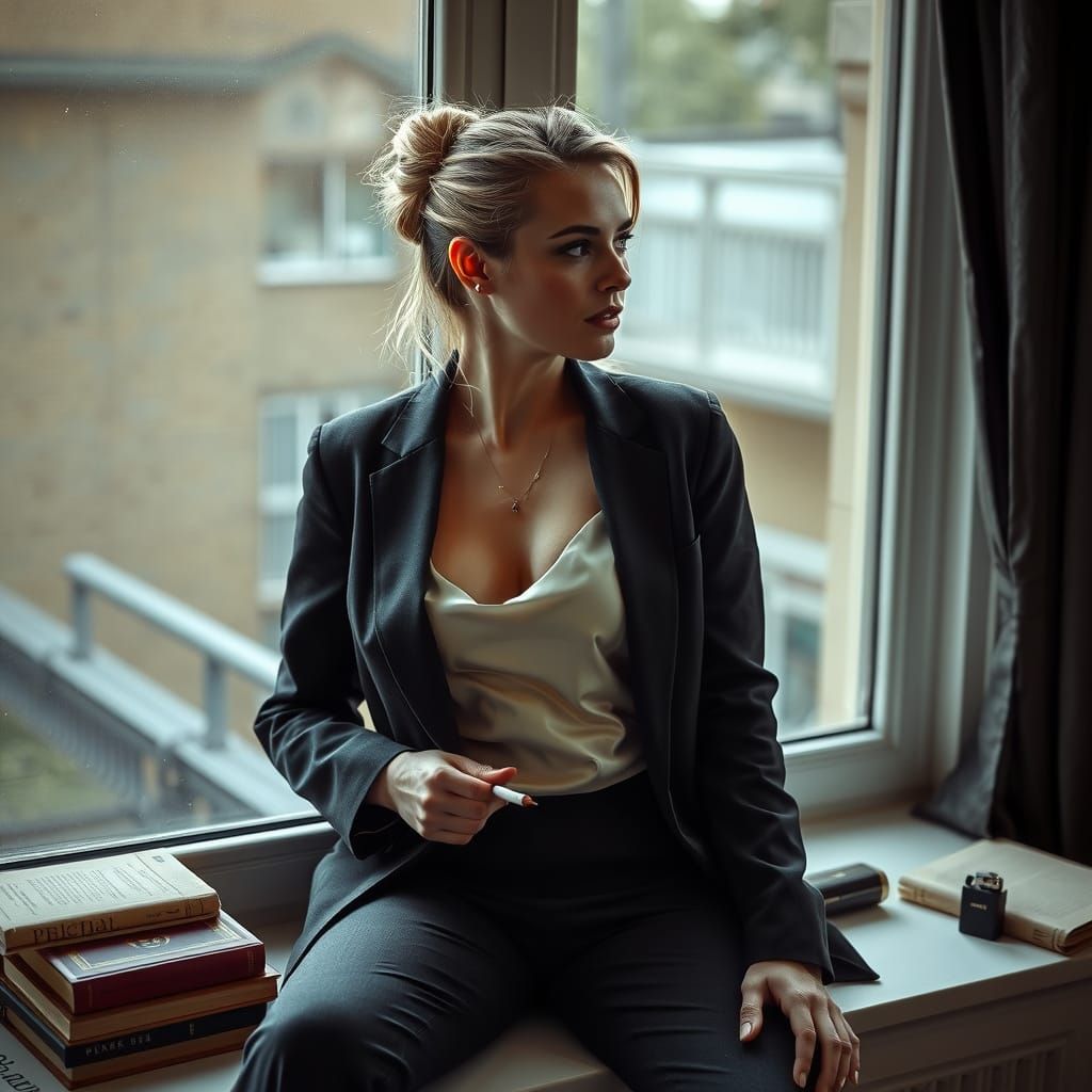 Melancholic Woman in Charcoal Suit with Cigarette