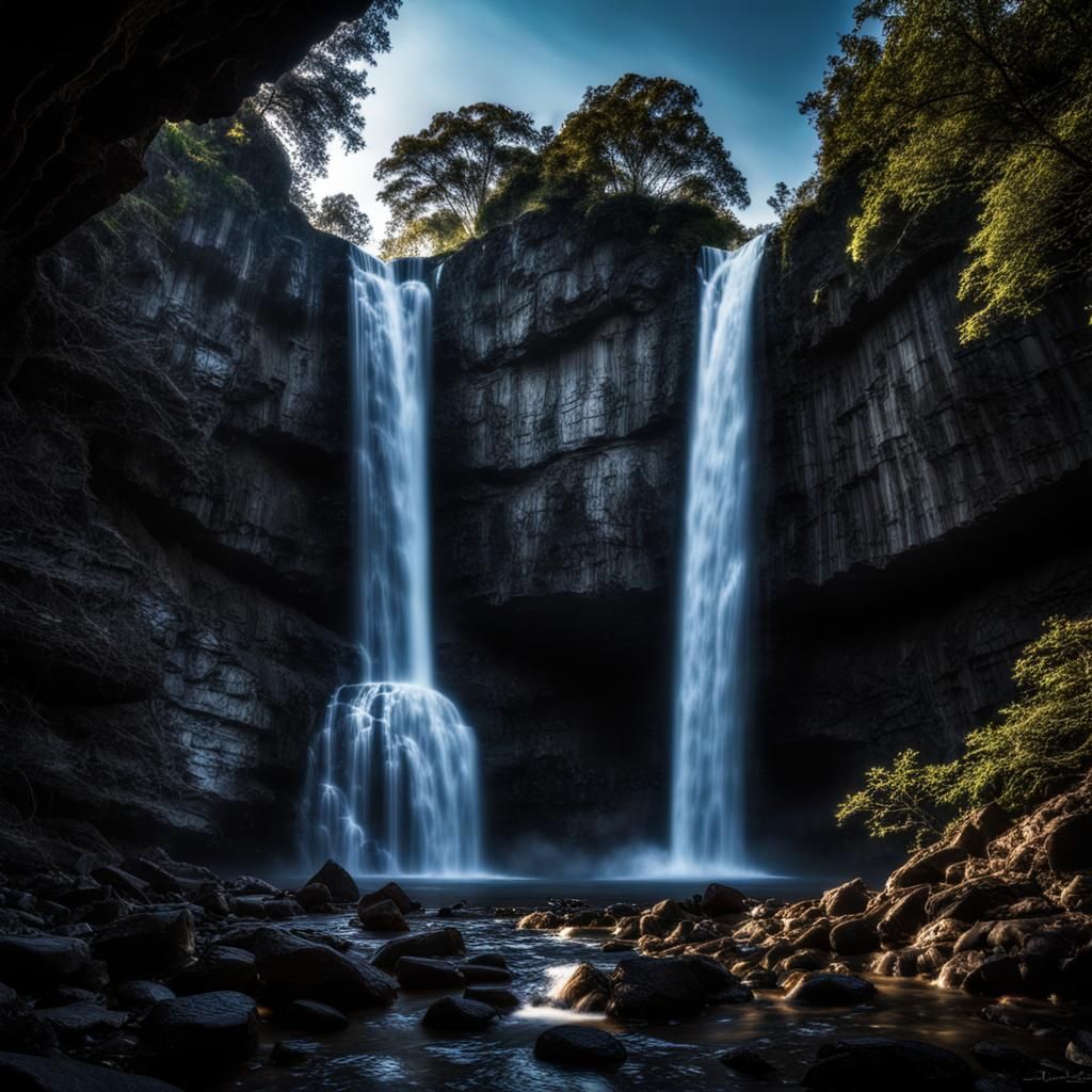 Silhouette Waterfall Fantasy in Hyperrealistic Style