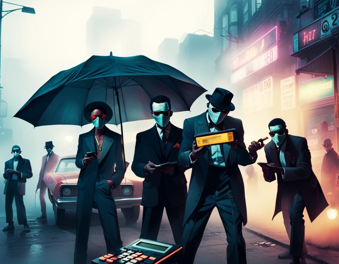 Masked Figures in Noir Urban Scene