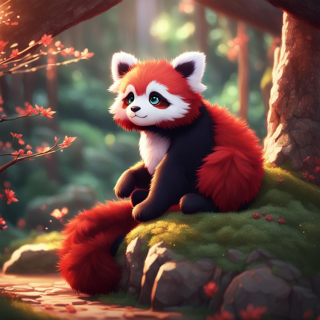 Cute Anime-Style Red Panda Close-Up