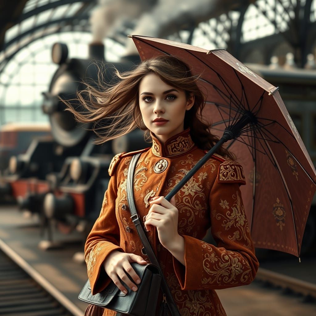 Victorian Hussar Woman at Steampunk Station