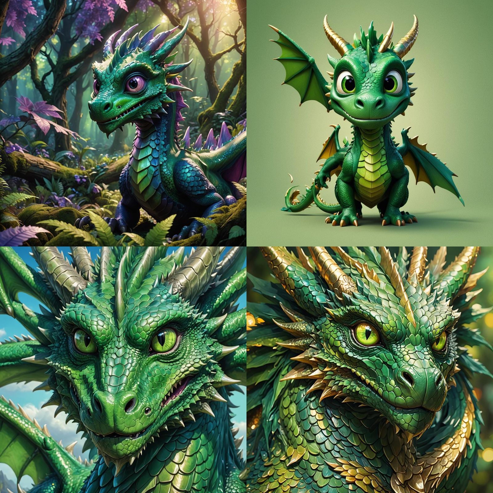 Adorable Green Dragon with Big Eyes: 3D Digital Art