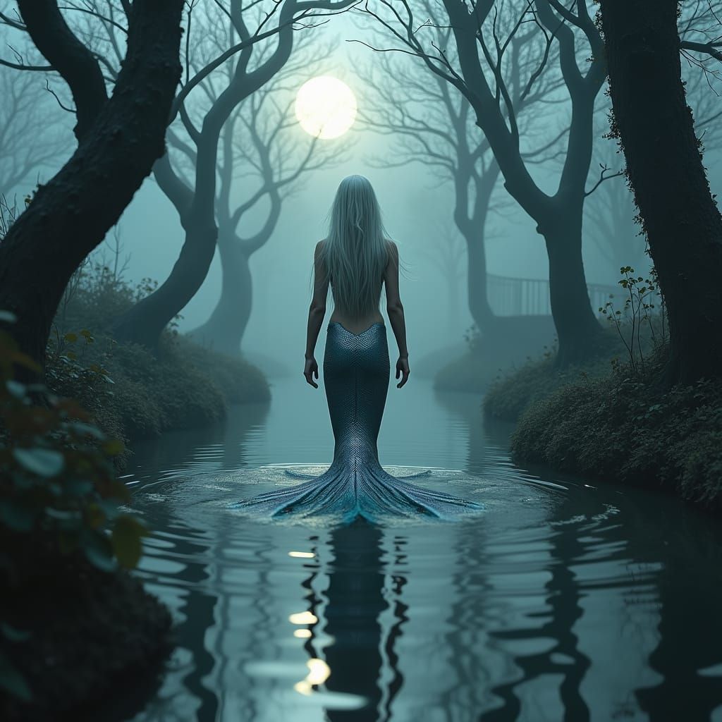 Mystical Mermaid Emerges from Moonlit Pond