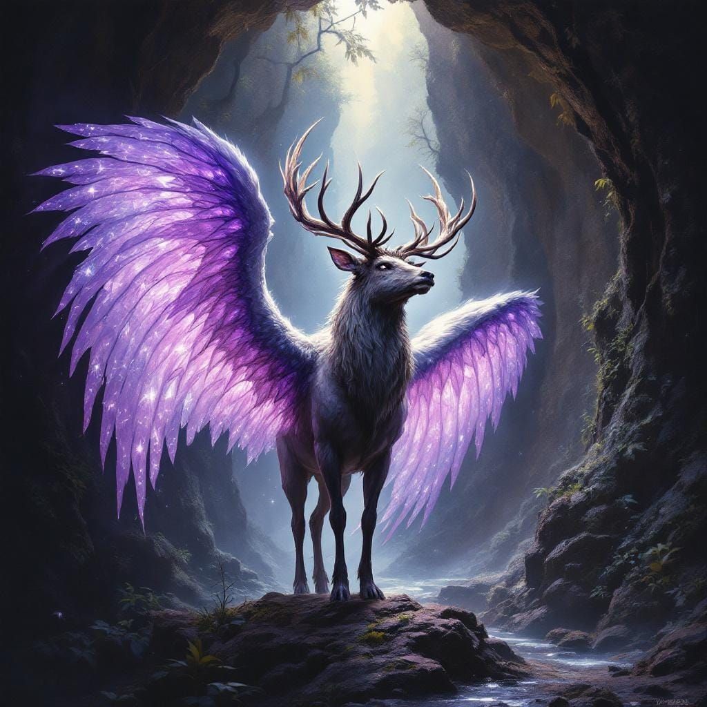 Winged Stag in Grotto: Digital Art