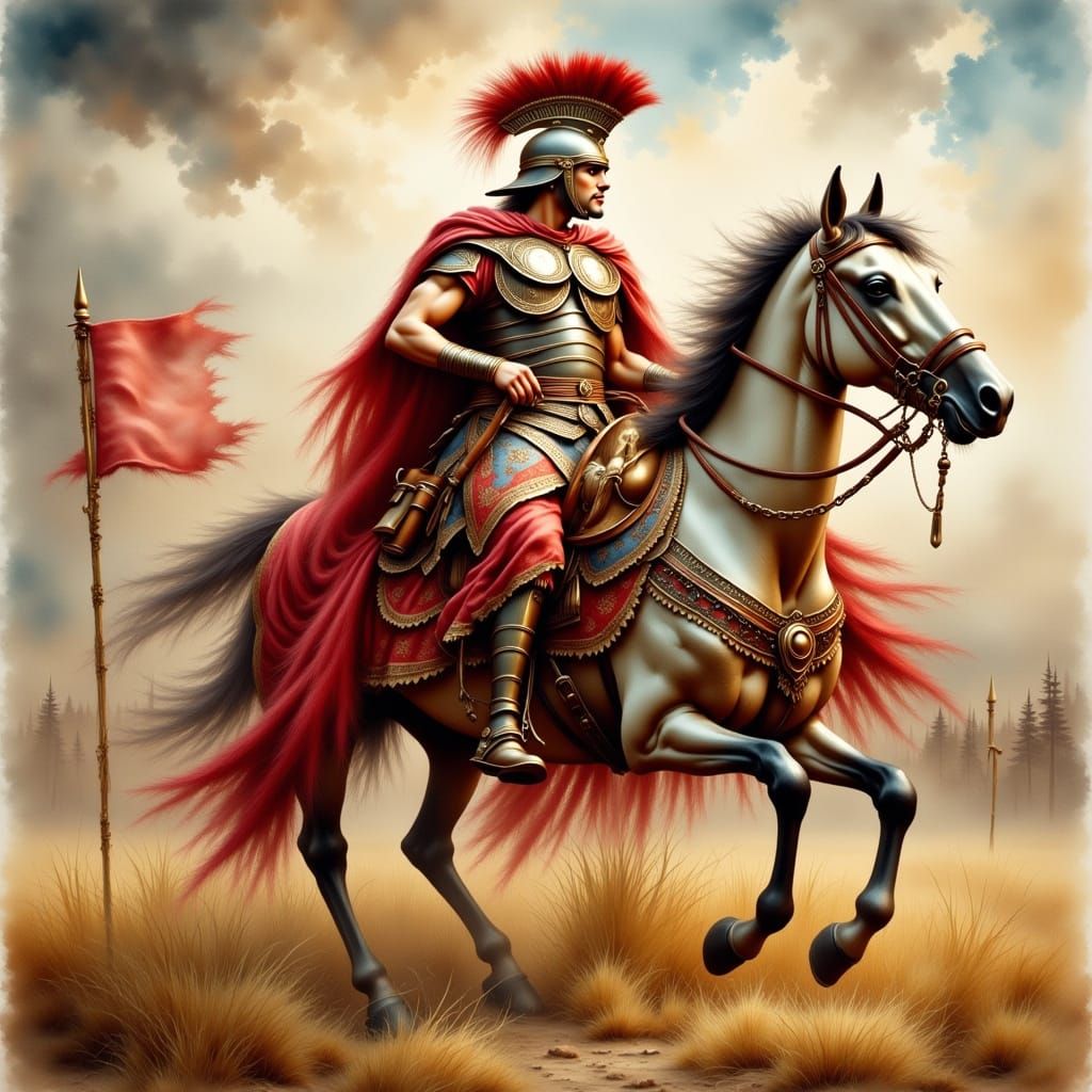 Roman Soldier and Horse in Antique Watercolor
