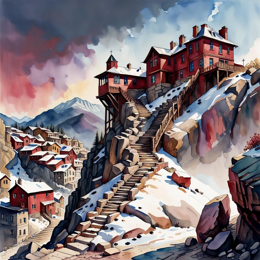 Watercolor Mountain Village with Rocky Steps