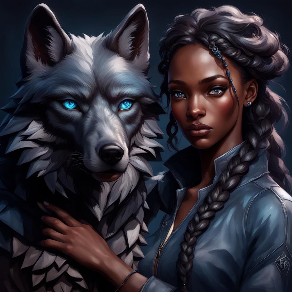 Girl with Wolf Pup, Hyperdetailed Portrait