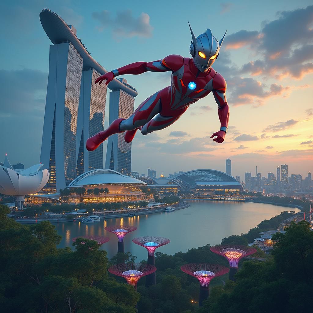 Ultraman Soaring Over Marina Bay Sands in Retro Sci-Fi Style