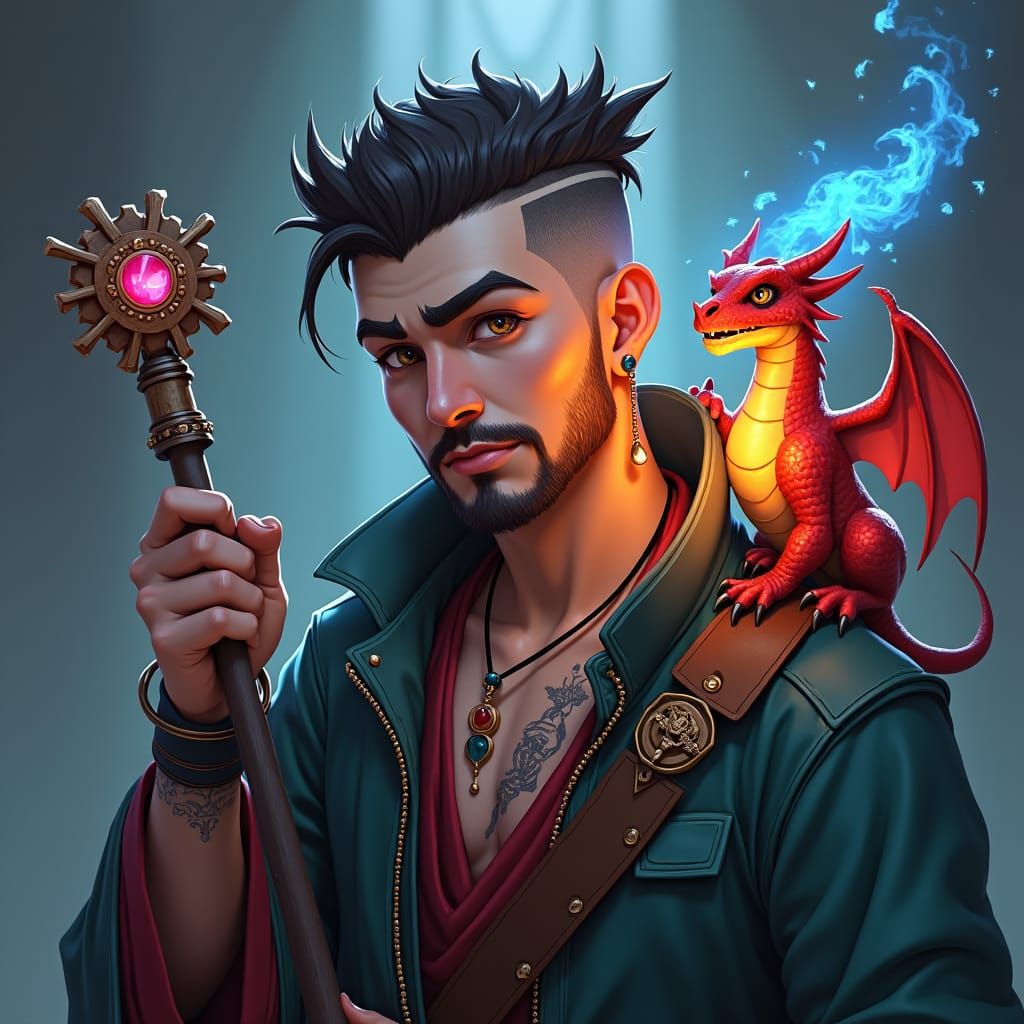 Mage with Dragon and Bone Staff: Fantasy Art