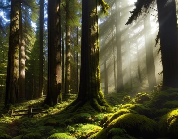 Sunlit Mossy Redwood Forest Scene