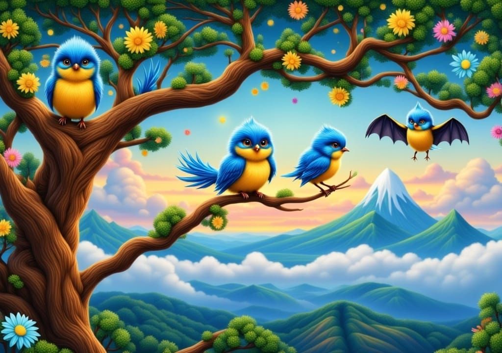 Adorable Cartoon Bluebirds and Bat on Goofy Tree