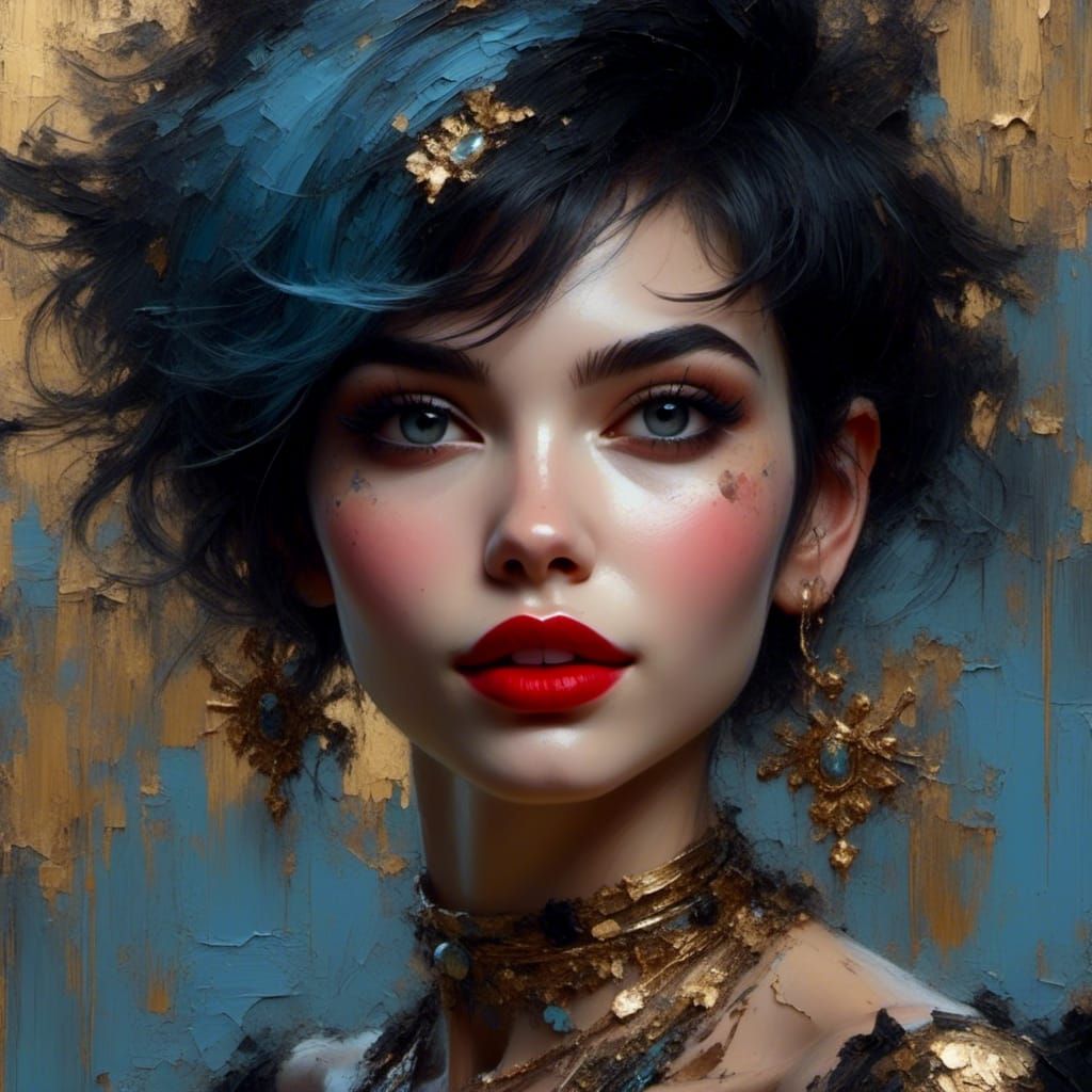Punk Queen Portrait with Black Hair in Painterly Style
