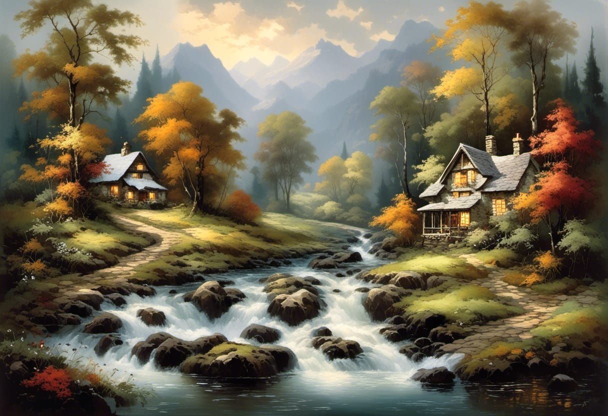 Vintage Stone Cottage with Wildflowers, Award-Winning Art
