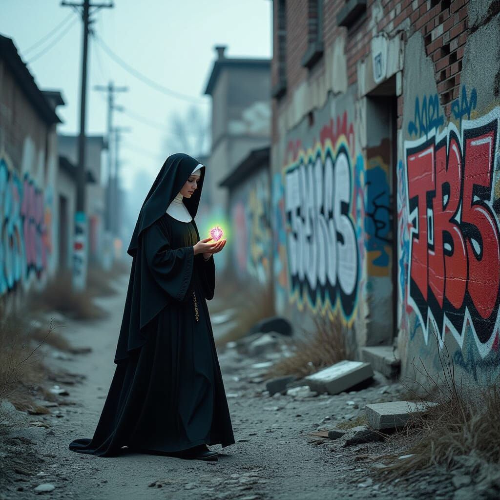 Nun in Dystopian City with Mystical Gem