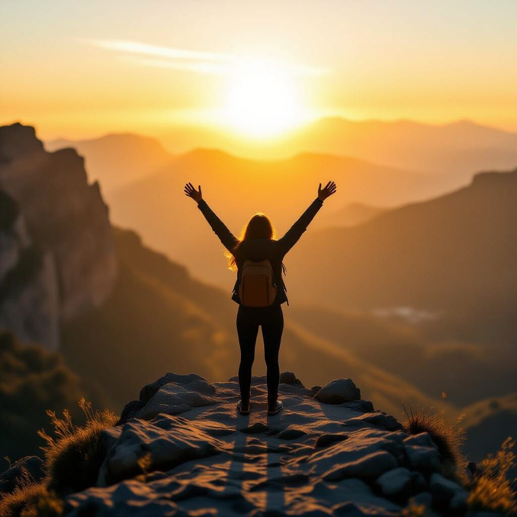Empowered Figure at Sunrise on Cliff