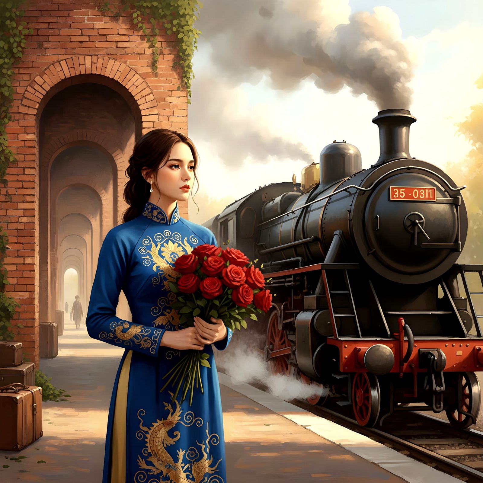 Woman in Royal Blue Ao Dai With Roses at Train Station