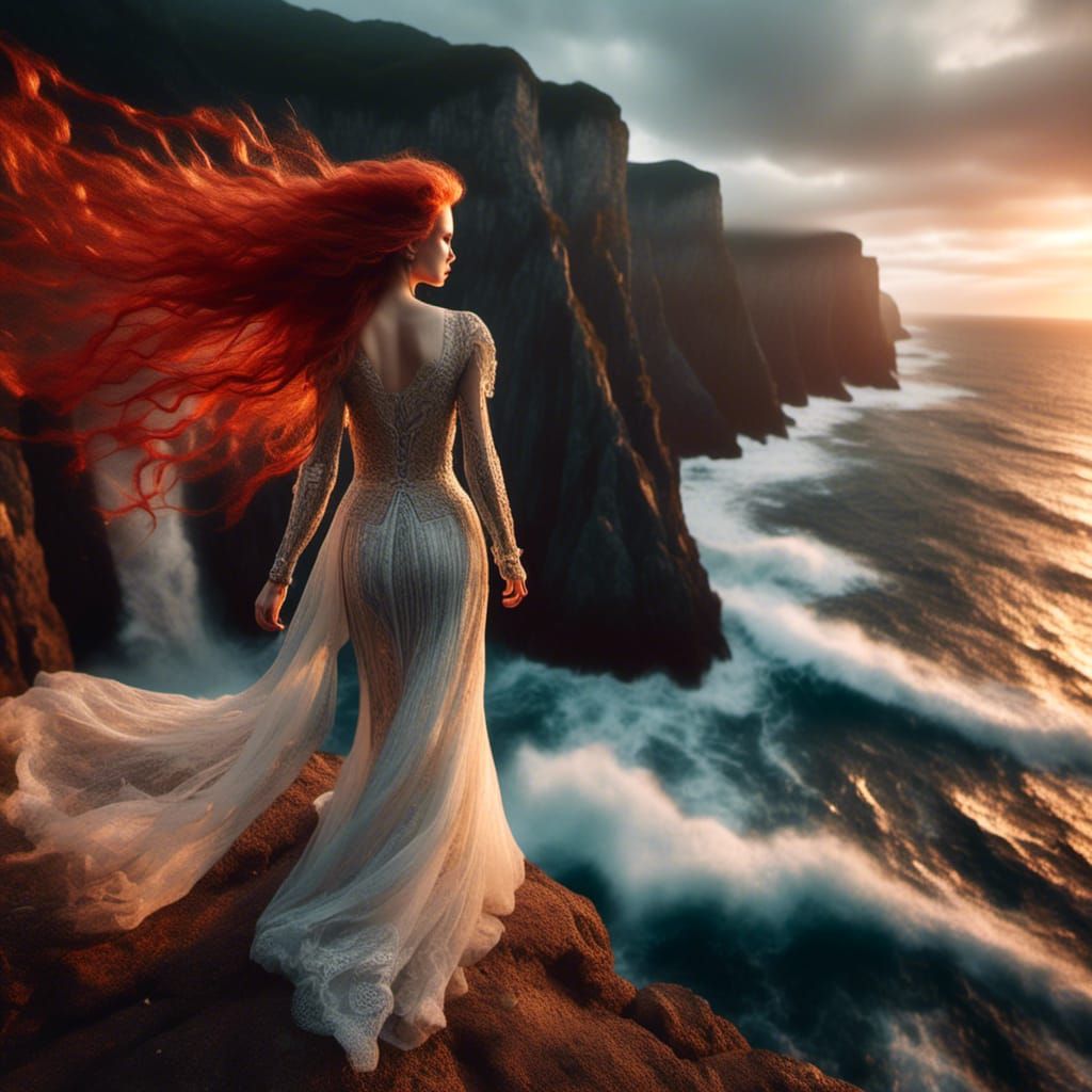 Red-Haired Woman with Lantern on Cliff Edge