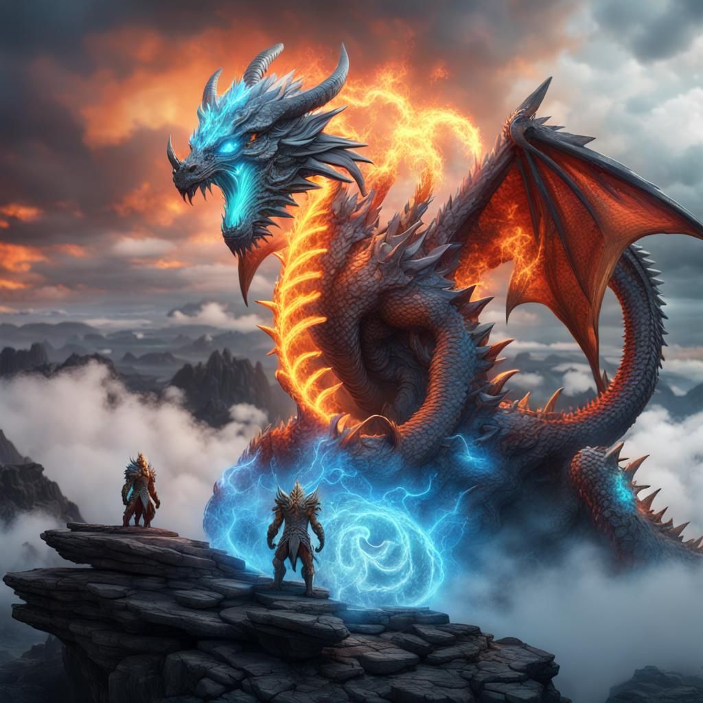 Elemental Fusion Dragon on Cliff: Fantasy Concept Art