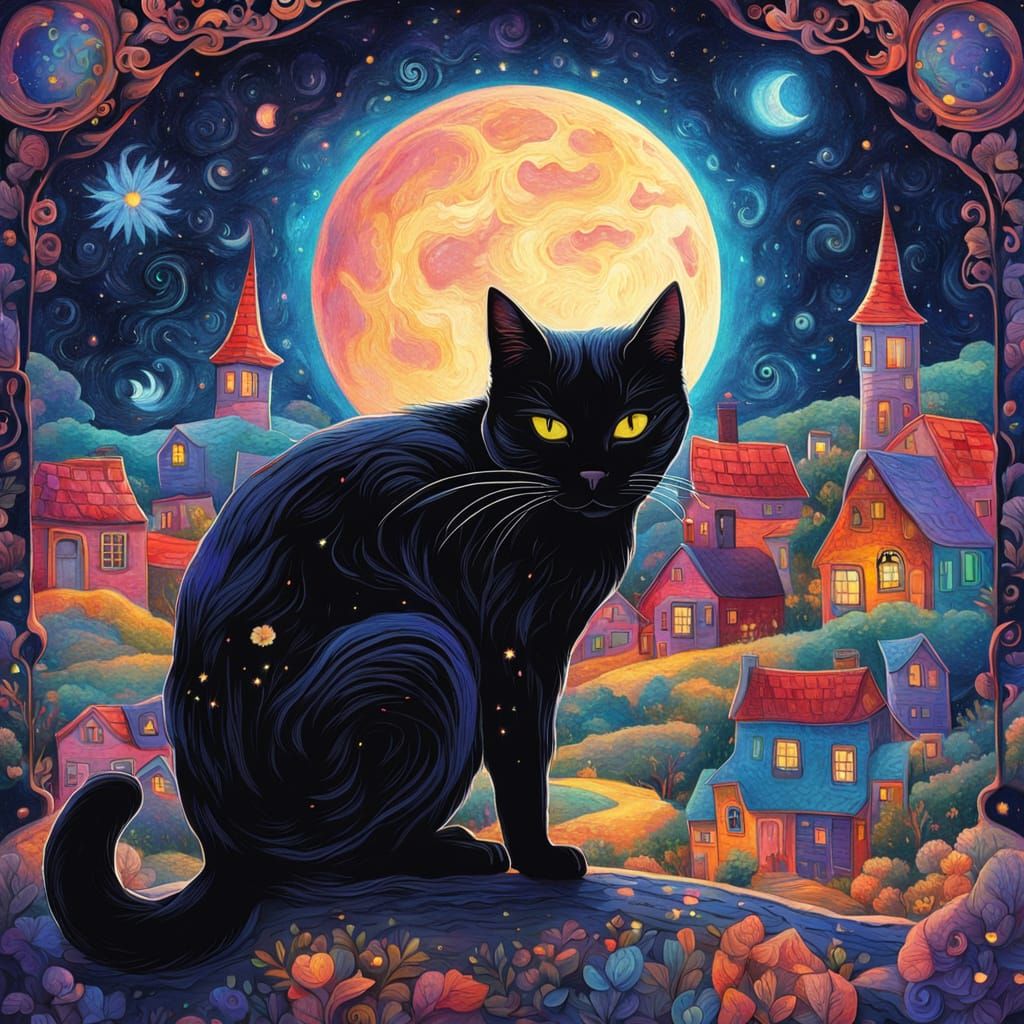 Cosmic Black Cat on the Moon Illustration