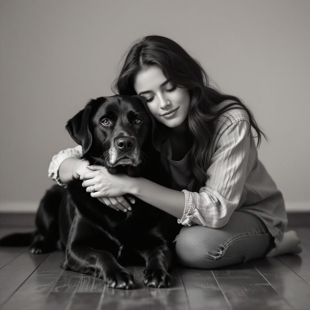 Girl and Labrador in Black and White Photo Style