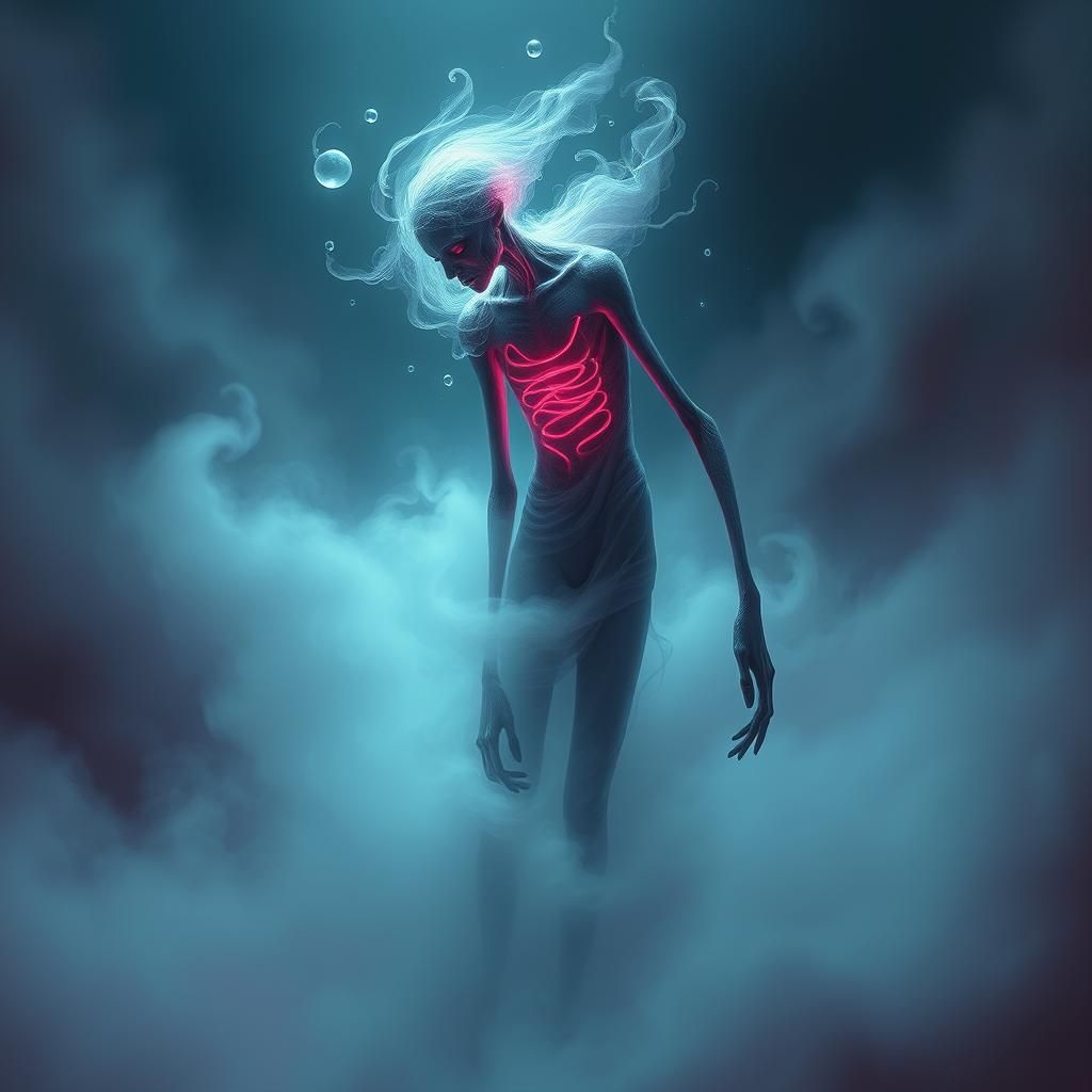 a stretchy and twisted figure, mysterious mist, glowing inne...