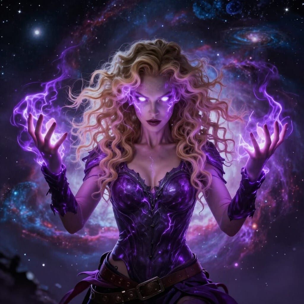 Electric Sorceress with White Eyes and Galaxy Backdrop