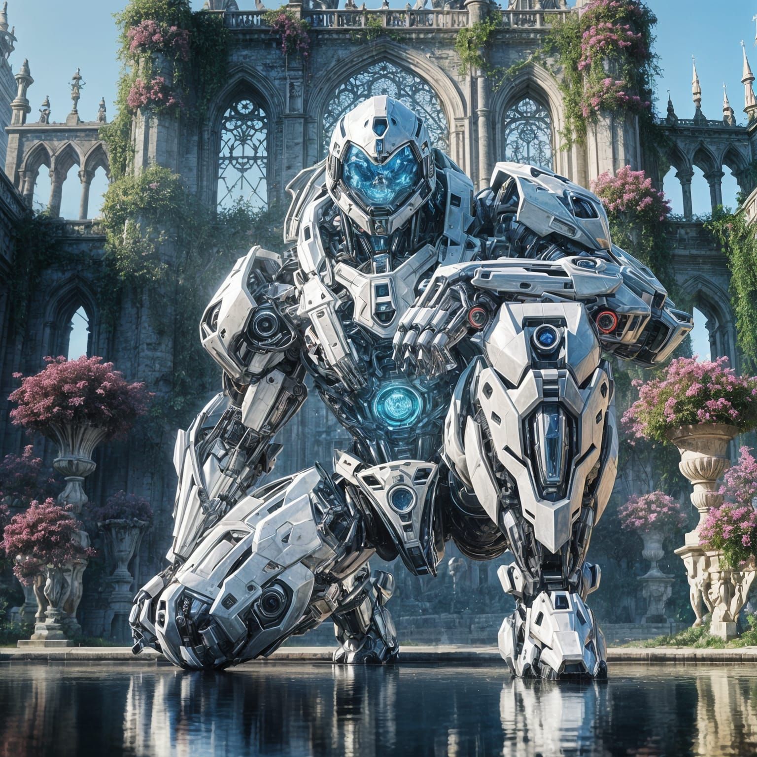 Gigantic Ninja Mecha Crouching in Overgrown Palace