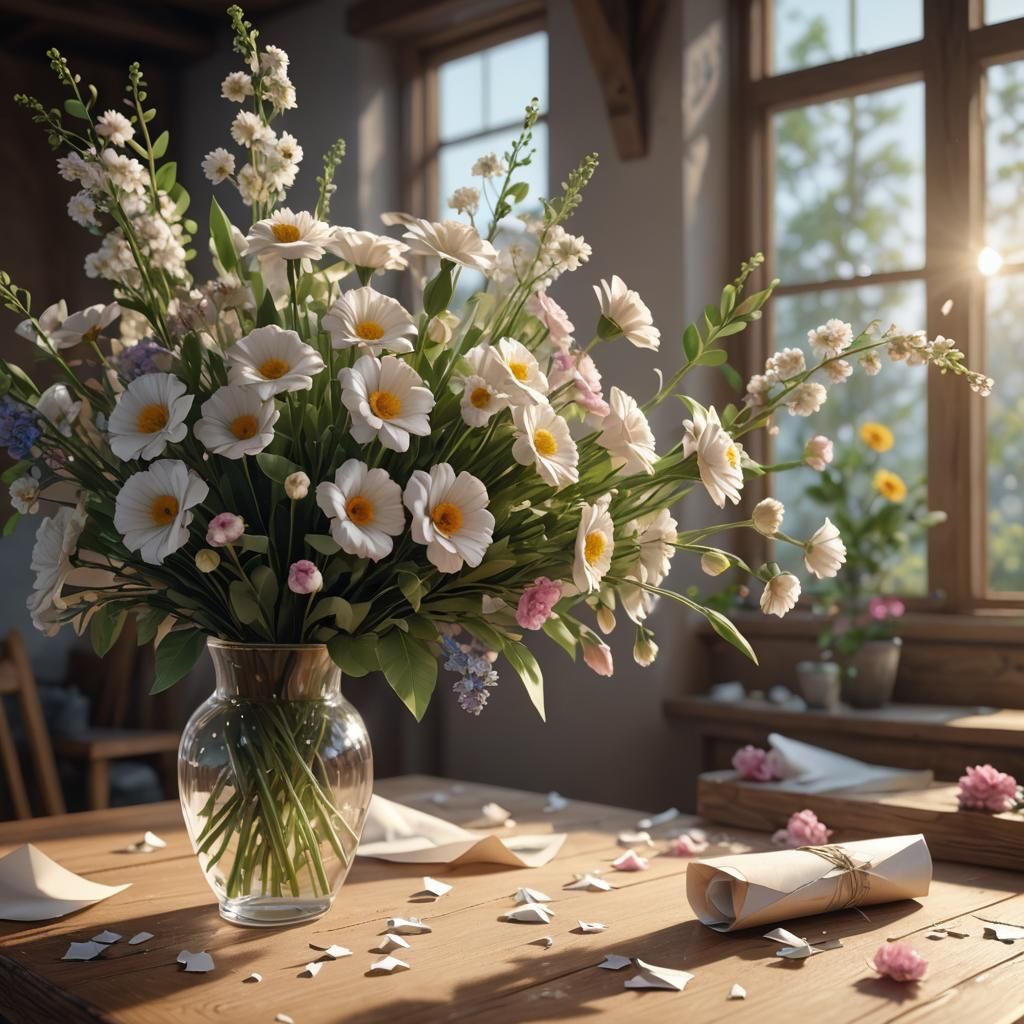 Flowers on Wooden Table in a 3D Rendered Style