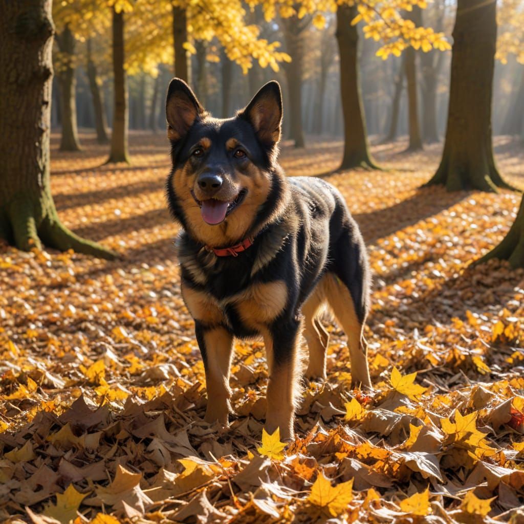 Alsatian Dog Enjoys Autumn Leaves in Sunlit Woodland