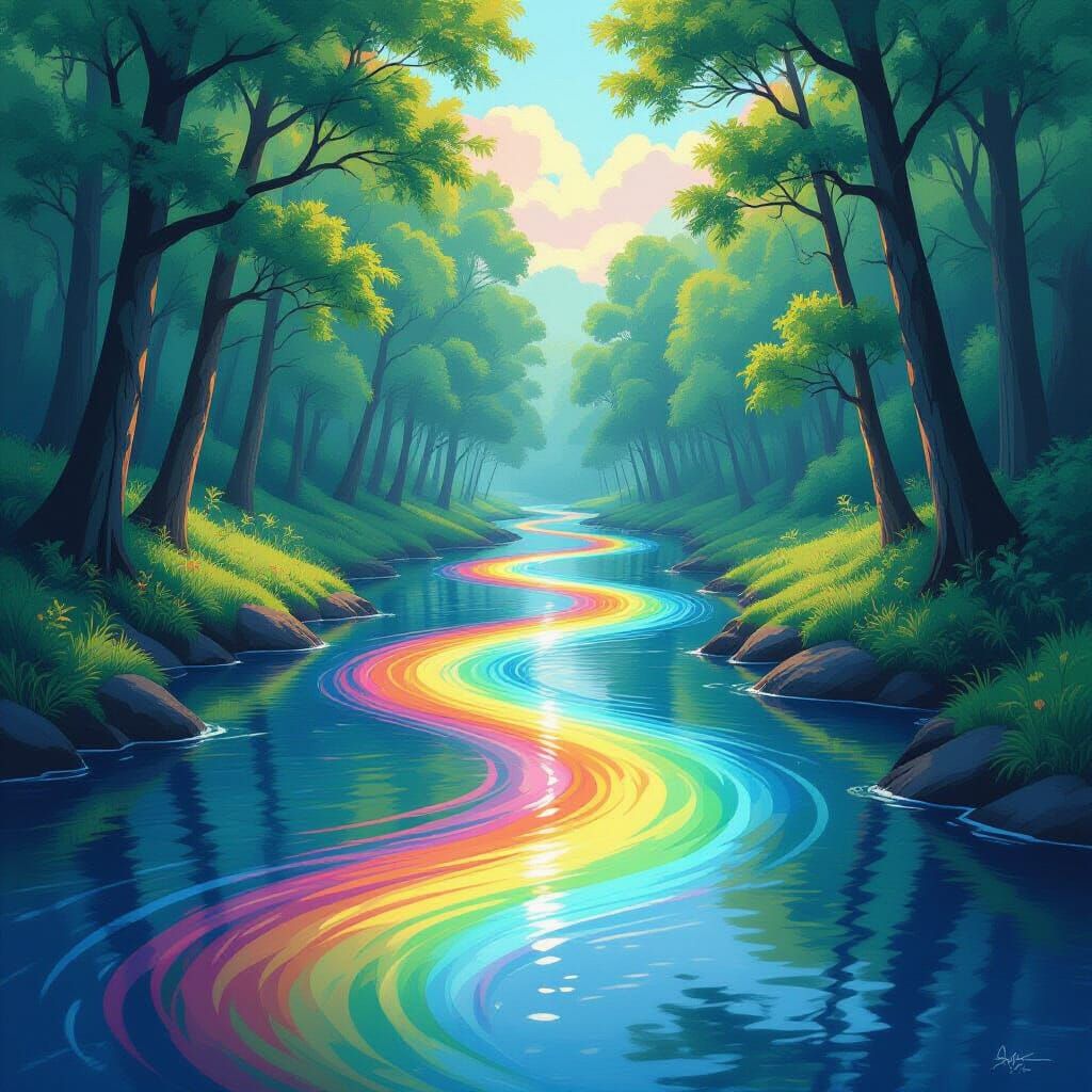 Rainbow River Dreamscape: Ethereal Digital Art