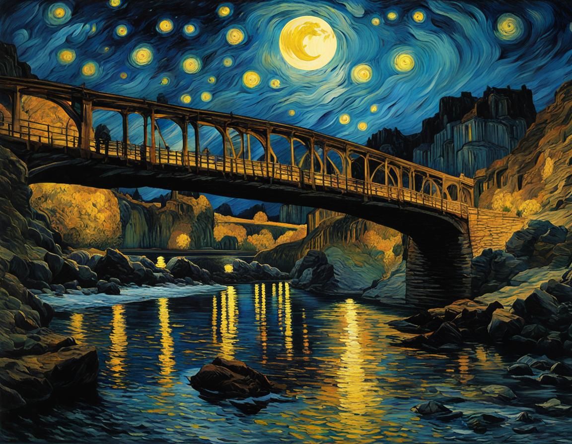 Gothic Bridge Under Starry Night Sky: Van Gogh Style