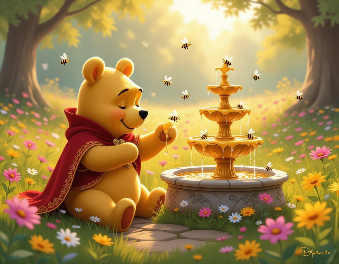Winnie the Pooh Finds Honey Fountain in Anime Style