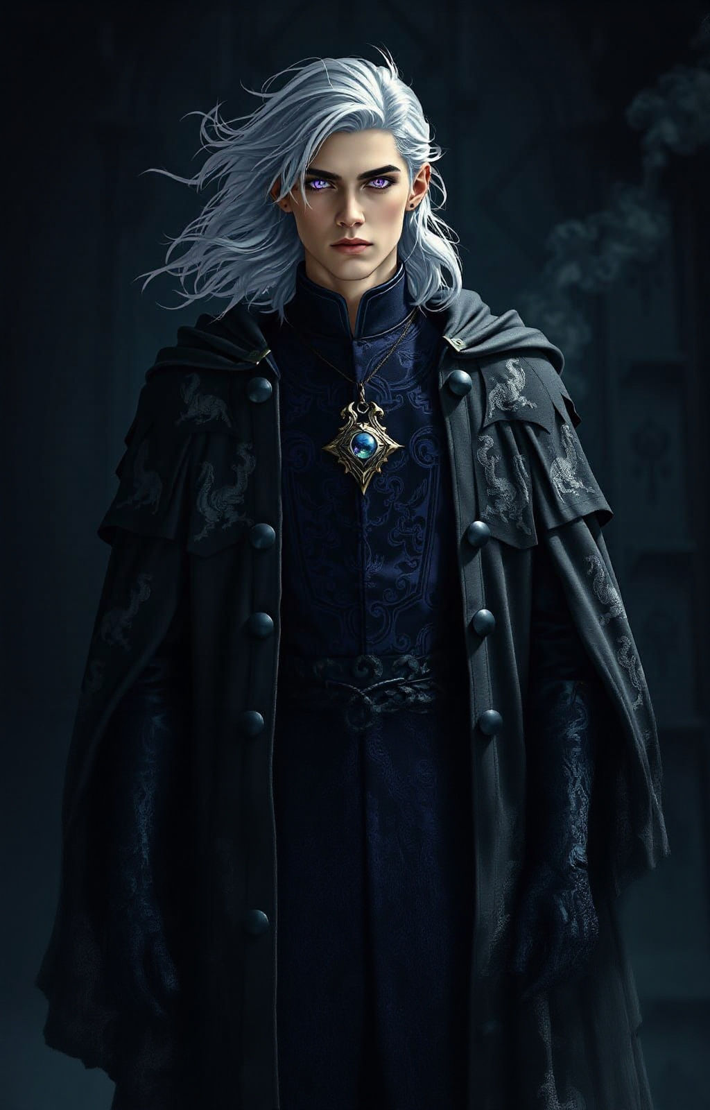 Ethereal Prince with Silver Hair in Dark Castle