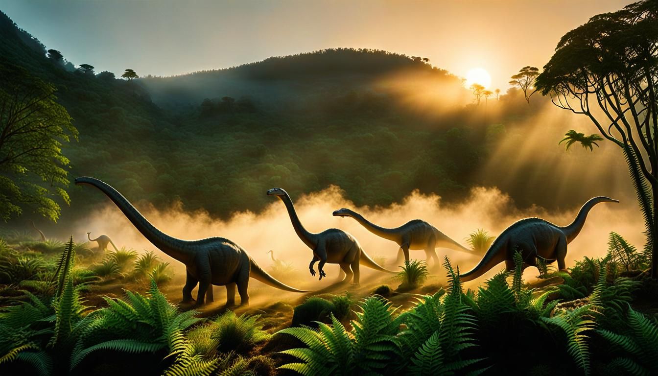 Diplodocus herd in mist-covered valley