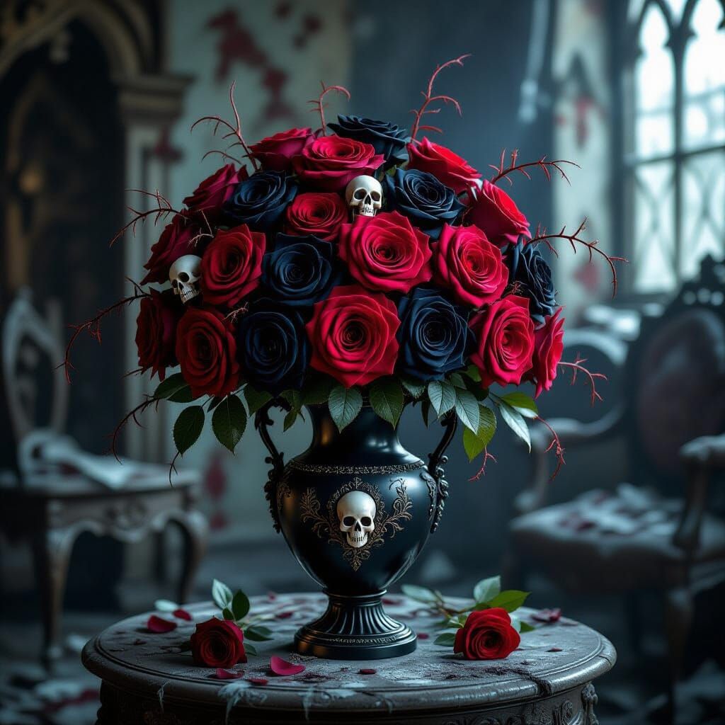 Dark Romantic Gothic Rose Bouquet in Ornate Vase