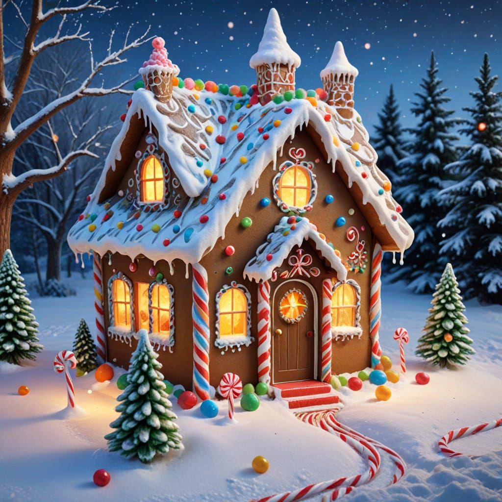 Whimsical Gingerbread House Christmas Illustration