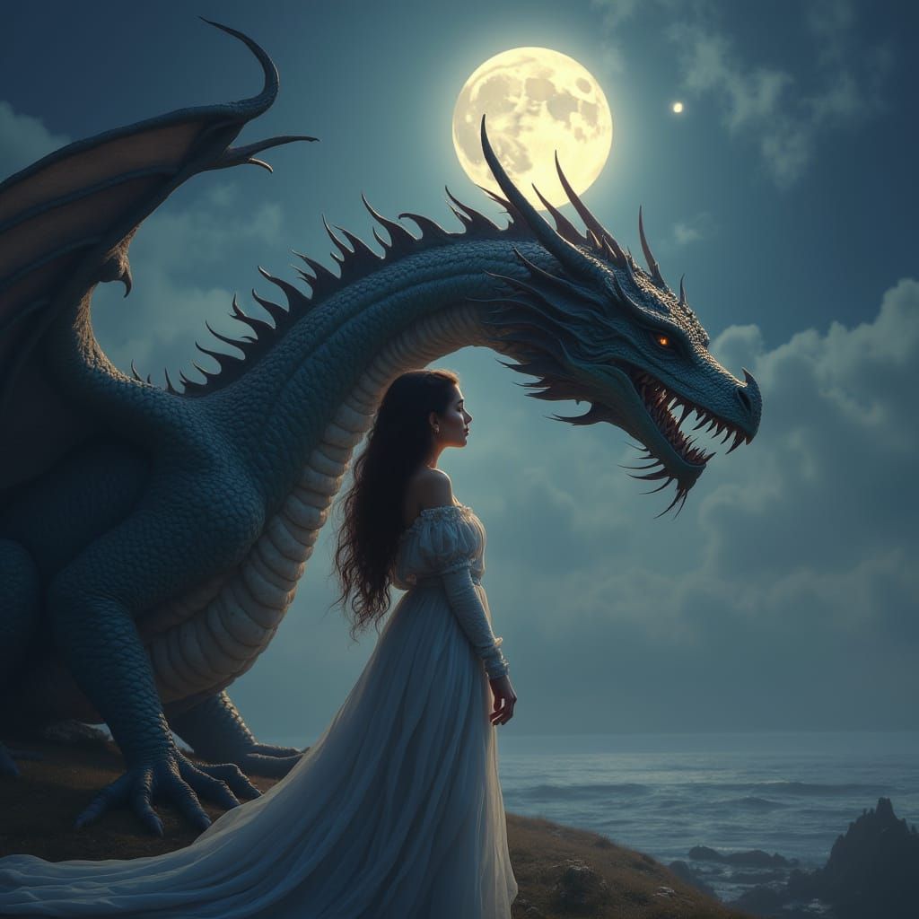 A Stunning Fantasy Scene of a Woman with a Majestic Dragon U...