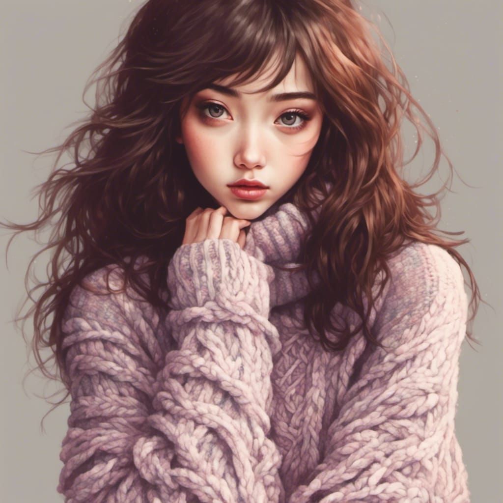 Cute Woman Half Portrait in Knitted Sweater