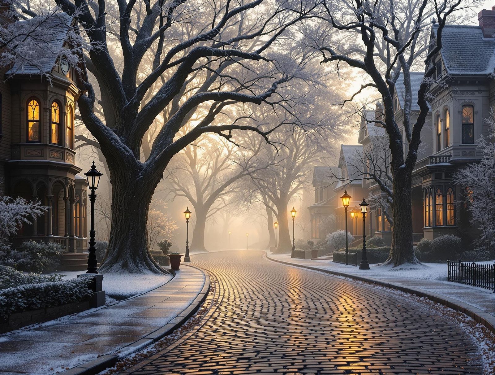 Foggy Morning on Cobblestone Street in Ohio