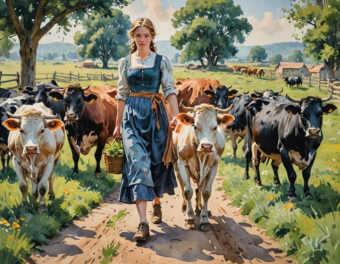 Milkmaid and Cows in Gouache Style Impressionism