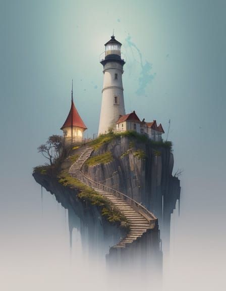Surreal Lighthouse in Deep Watercolor Style with Intricate D...