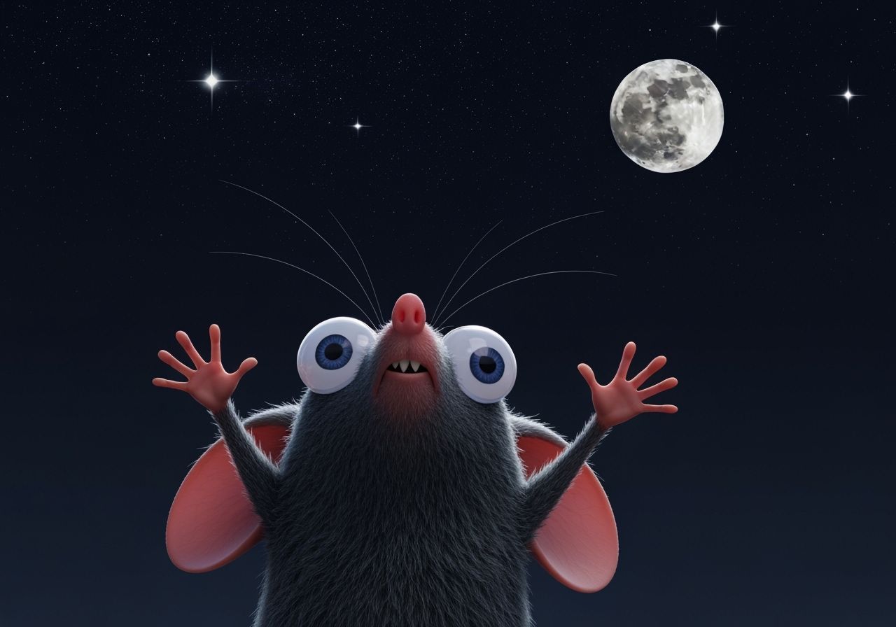 Devil Mouse Reaches for Big Moon in Starry Sky