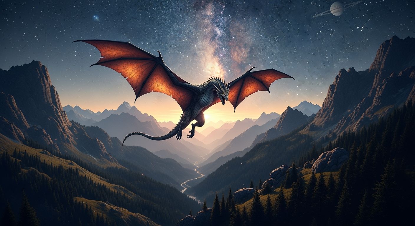 Dragon Soaring Over Twilight Mountain Valley