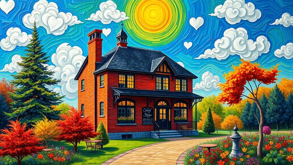 Whimsical Victorian Coffee Shop Floating in Dreamlike Sky