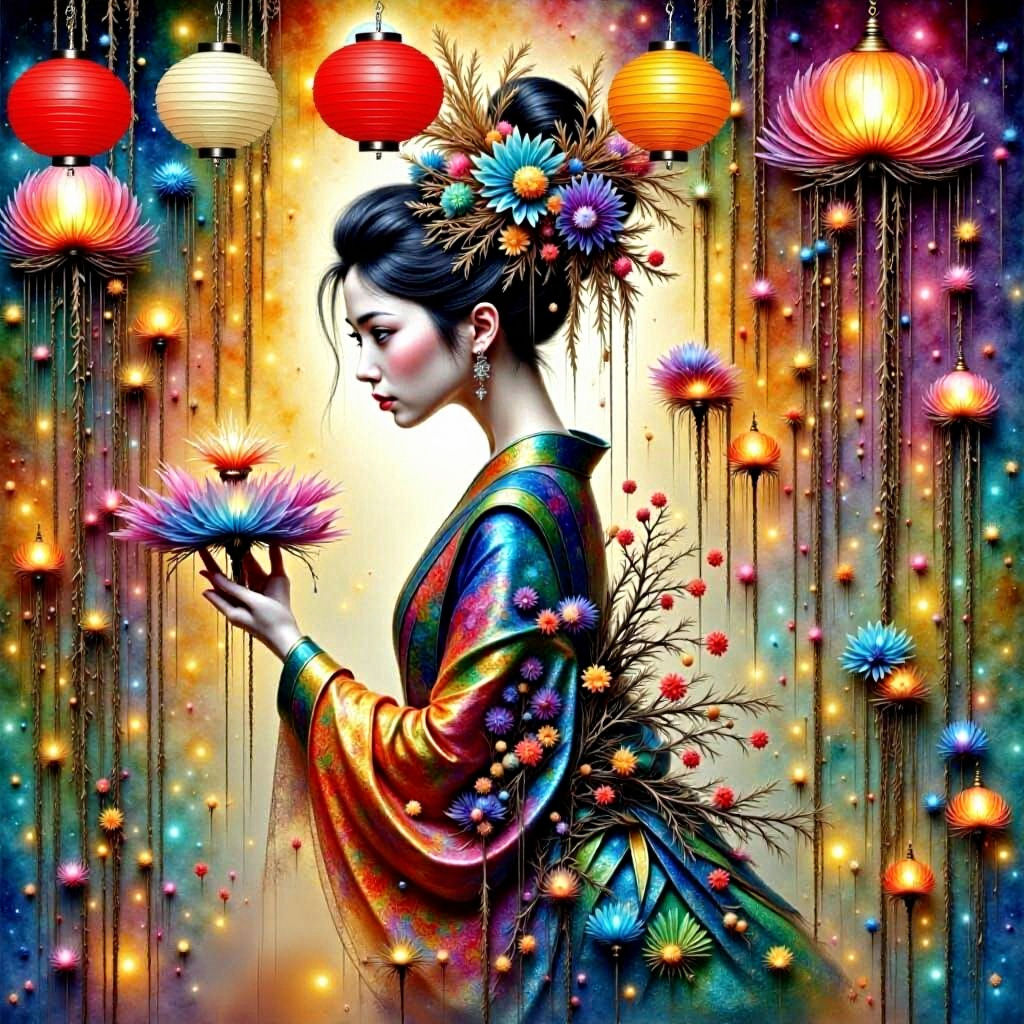 Complex Japanese Garden Inside Crystal, 3D Render